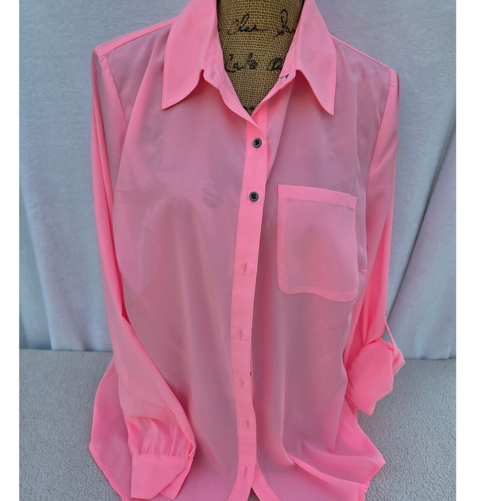 Style & Co Womens 1X Neon Pink Light Weight Button Down Blouse Roll Tab Sleeve